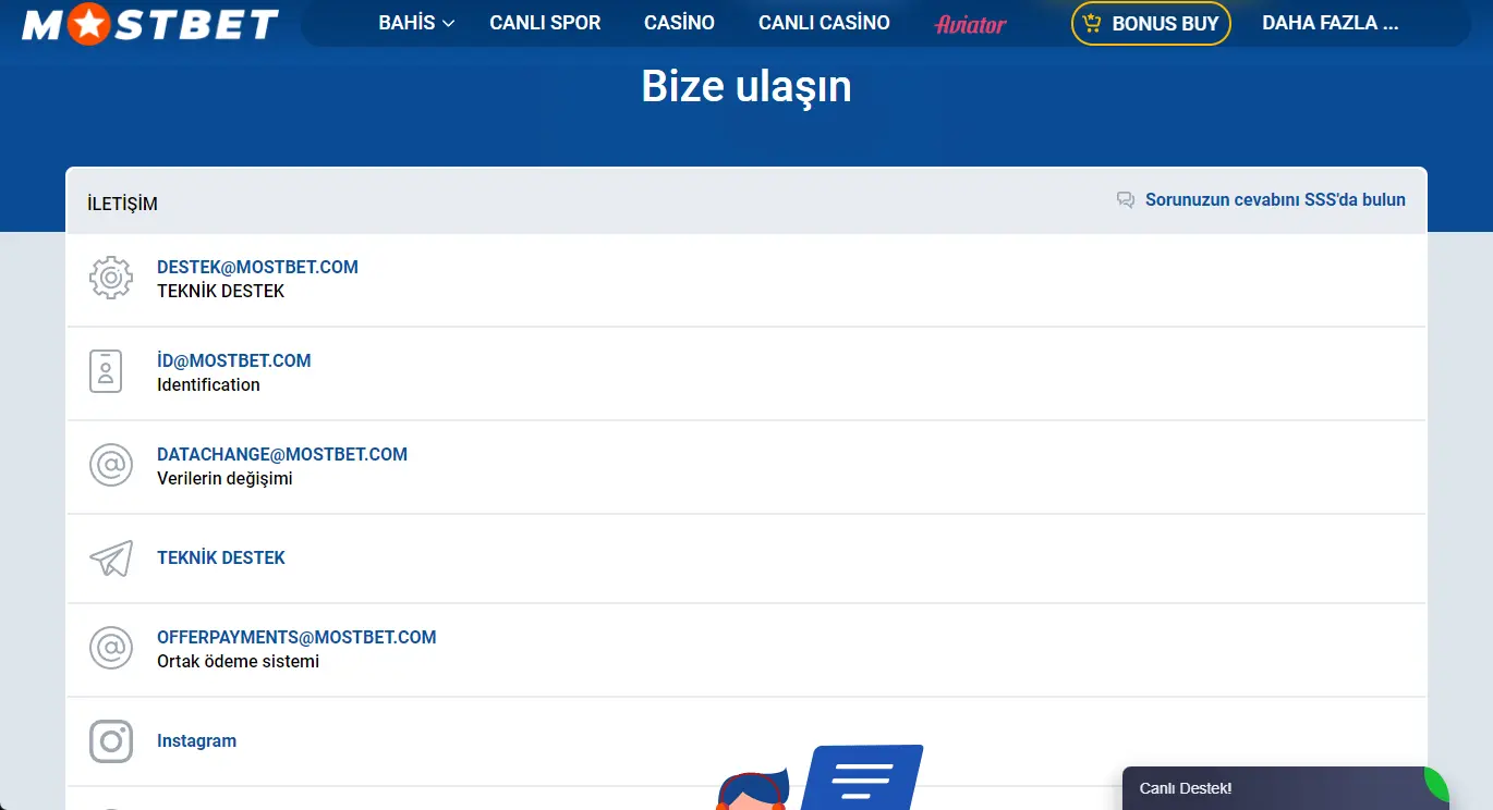Mostbet destek iletişim bilgileri